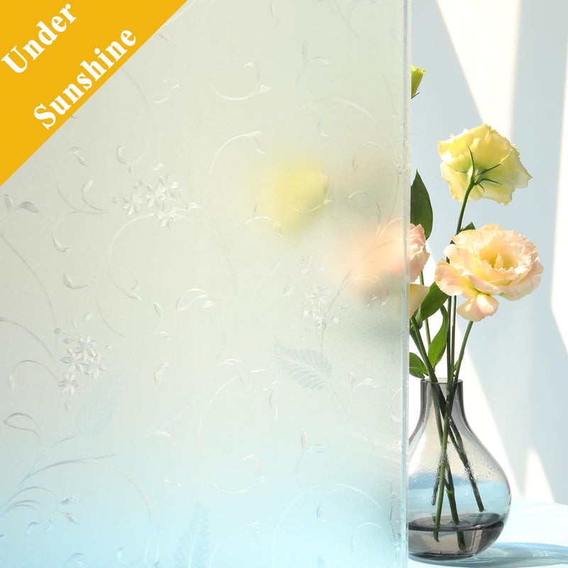 Mikomer Privacy Window Film Etched Flowers Static Cling Glass Door Film, Non Adhesive Heat Control Anti UV Window Cling for Office and Home Decoration,17.5 inches by 118 inches - Image 2